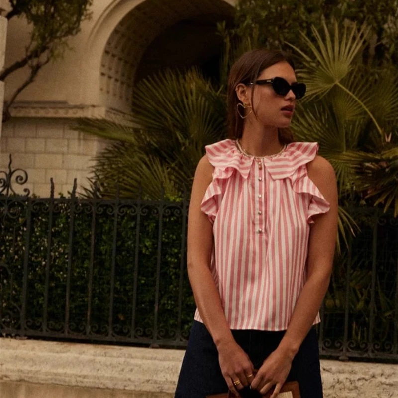 

2023 Spring Summer New Casual Style Ruffled Striped Pleated Round Neck Single-breasted Sleeveless Women Shirt