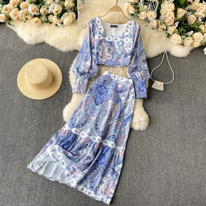 

Women's Spring Summer Runway Fashion Long Sleeve Square Collar 2 pcs Print Dress Female Chic Travel Party Slim Dress TB2451