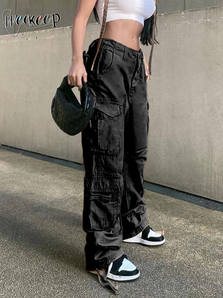 

Weekeep Streetwear y2k Jeans Low Rise Big Pocket Cargo Pants Baggy Grunge 2000s Casual Denim Trousers Korean Style Women Capris