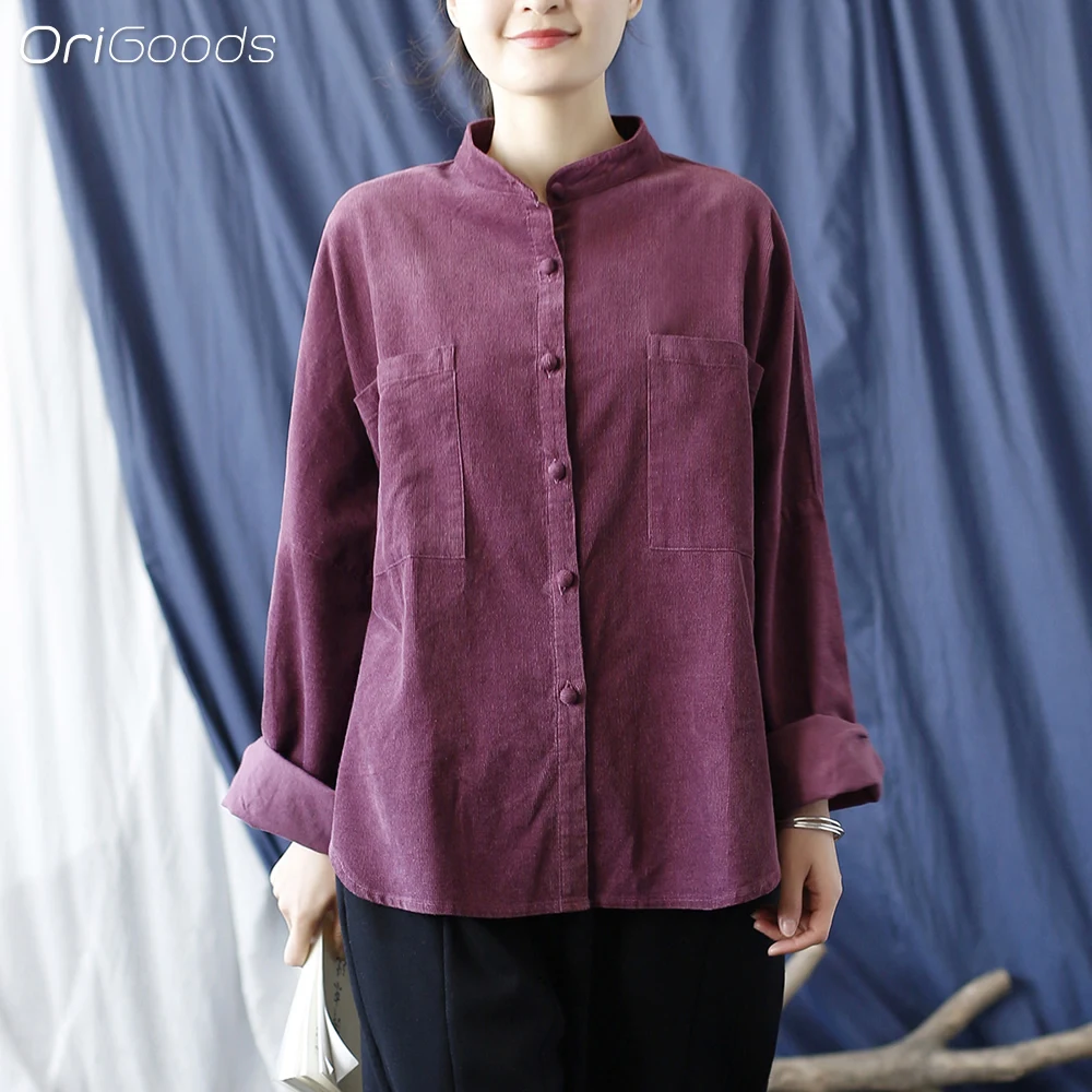 OriGoods Вельветовая рубашка Женская летучая мышь с мягкими фиолетовыми рукавами