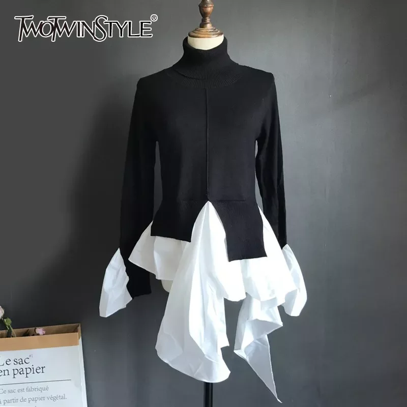 

TWOTWINSTYLE Hit Color Irregular Hem Sweater For Women Turtleneck Long Sleeve Casual Korean Sweaters Female Fashion New Clothing