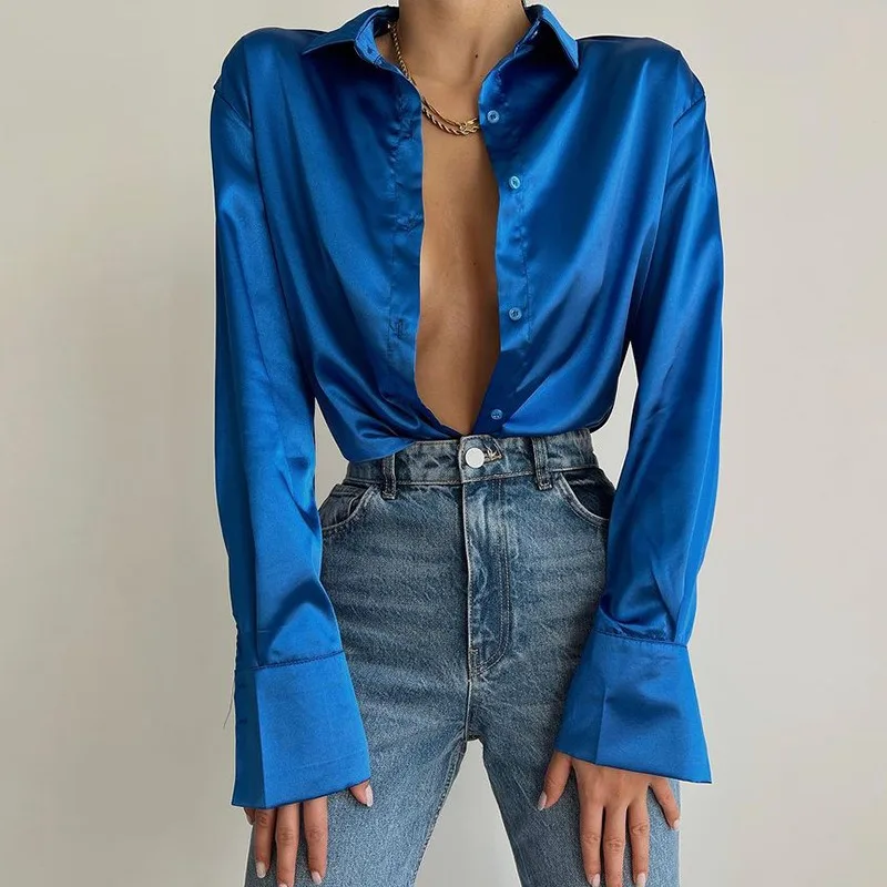 

2022 Women Elegant Satin Solid Long Sleeve Blouses Female Chic Vintage Blue Green Casual Loose Fitting Button Down Shirts Tops