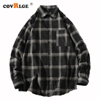 covrlge trendy plaid shirts for men loose fashion long sleeve shirts men lapel causal shirts stand collar male streetwear mcl363