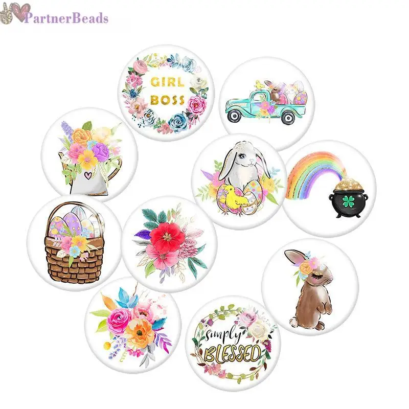 

happy easter rabbit Flower Round Photo Glass Cabochon Demo Flat Back Making Findings 20mm Snap Button N7921