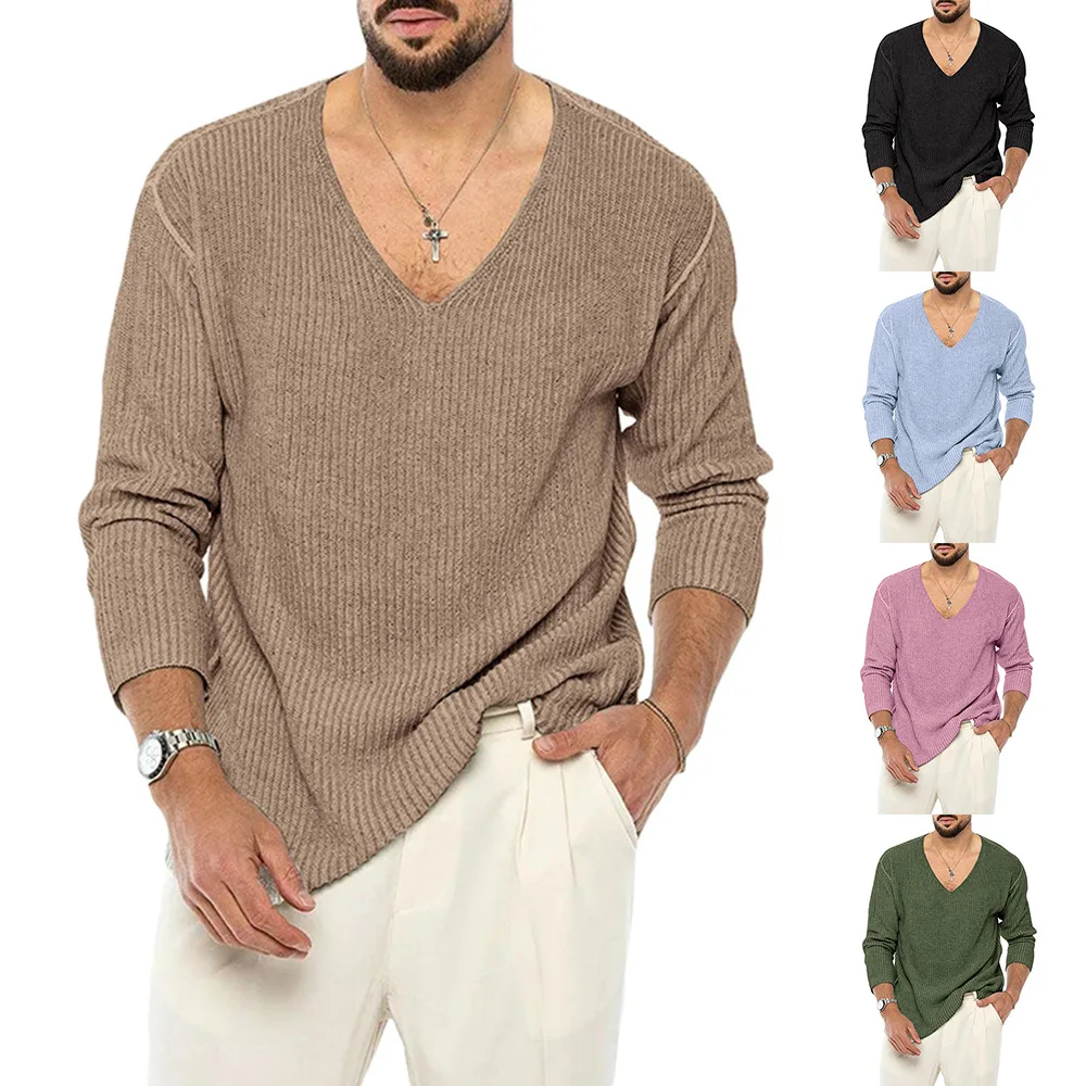 

V-neck Sweater Men Solid Long Sleeve Fashion Knitted Sweater Autumn and Winter Coats Men