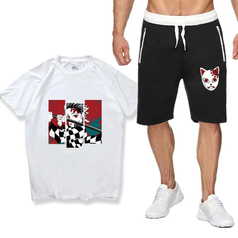 Casual Men's Sets Summer Anime T Shirts Short Masculino Streetwear Cotton Camisetas Playeras Hombre Demon Slayer Teeshirt Homme