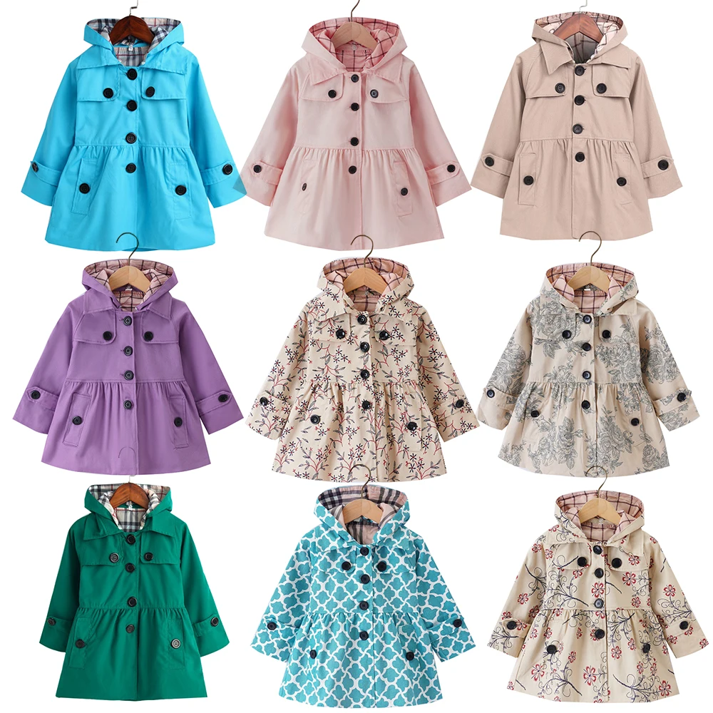 

Ветровка с капюшоном для девочек, однобортная винтажная куртка с цветочным принтом, со съемной шапкой, верхняя одежда, весна-осень