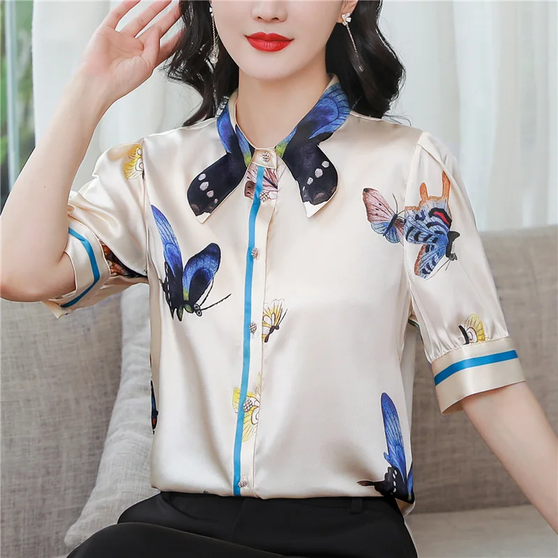 

Женская атласная рубашка с принтом в виде бабочек, Повседневная блузка свободного покроя, модный Шелковый топ с коротким рукавом и отложным...