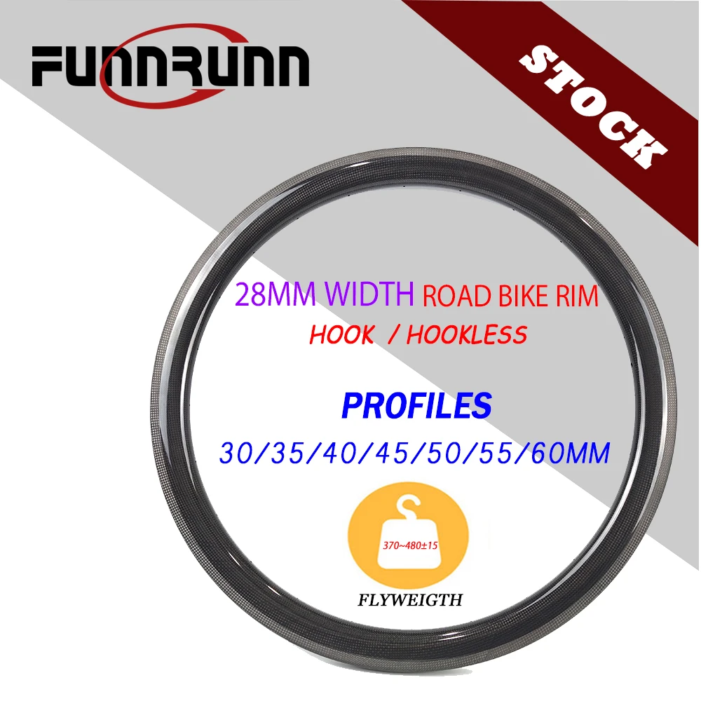 FUNNRUNN 700C Road Bike Carbon Rim 28mm Width 30/35/40/45/50/55/60mm Depth Hook Hookless Tubeless Road Boost Gravel Bike Wheel