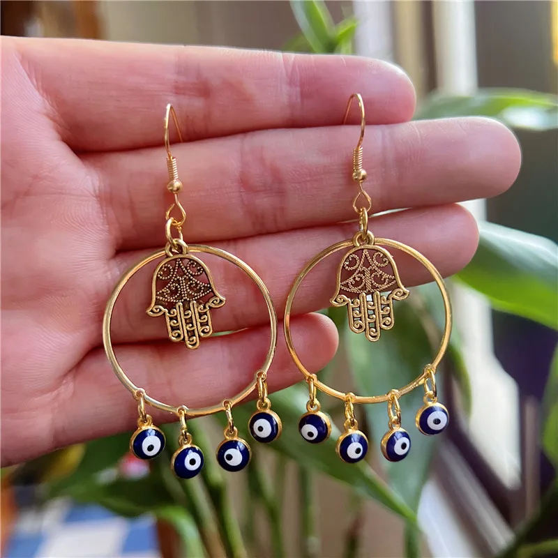 

Goth Cute Small Mini Blue Evil Eye Hamsa Hand Hoop Hanging Valentines Day Earrings For Women 2022 Jewelry Handmade Wholesale