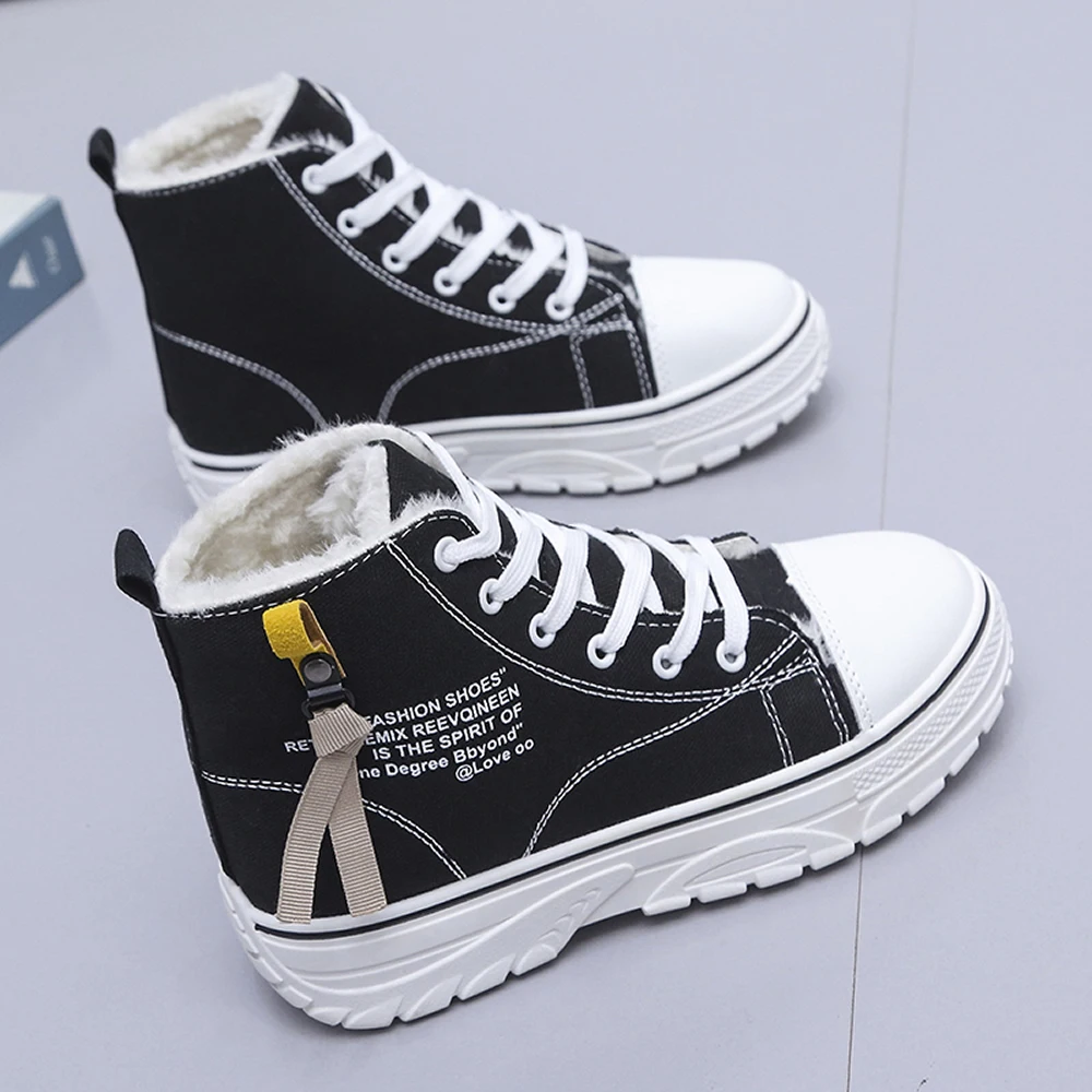 

Женские бархатные парусиновые туфли на толстой подошве, черные универсальные студенческие туфли на плоской подошве, корейский стиль, Осенняя обувь с высоким берцем, 2023
