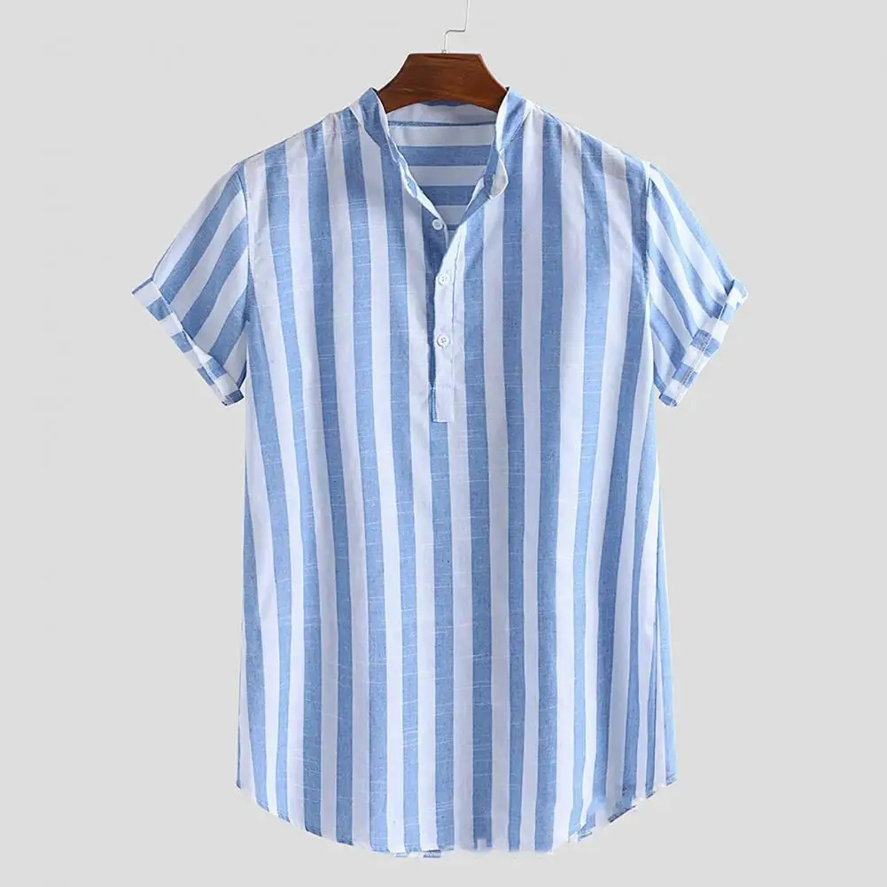 

Stand Collar Short Sleeve Men Striped Cotton Linen Shirts Buttons Down Summer Breathable Striped Print Hawaiian Shirt Streetwear