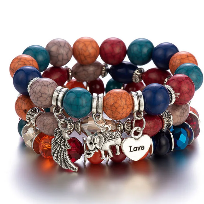 

Charmsmic Elephant Wings Vintage Silver Stone Beaded Bracelets Female Ethnic Lose Weight Love Words DIY Gifts Factory Price