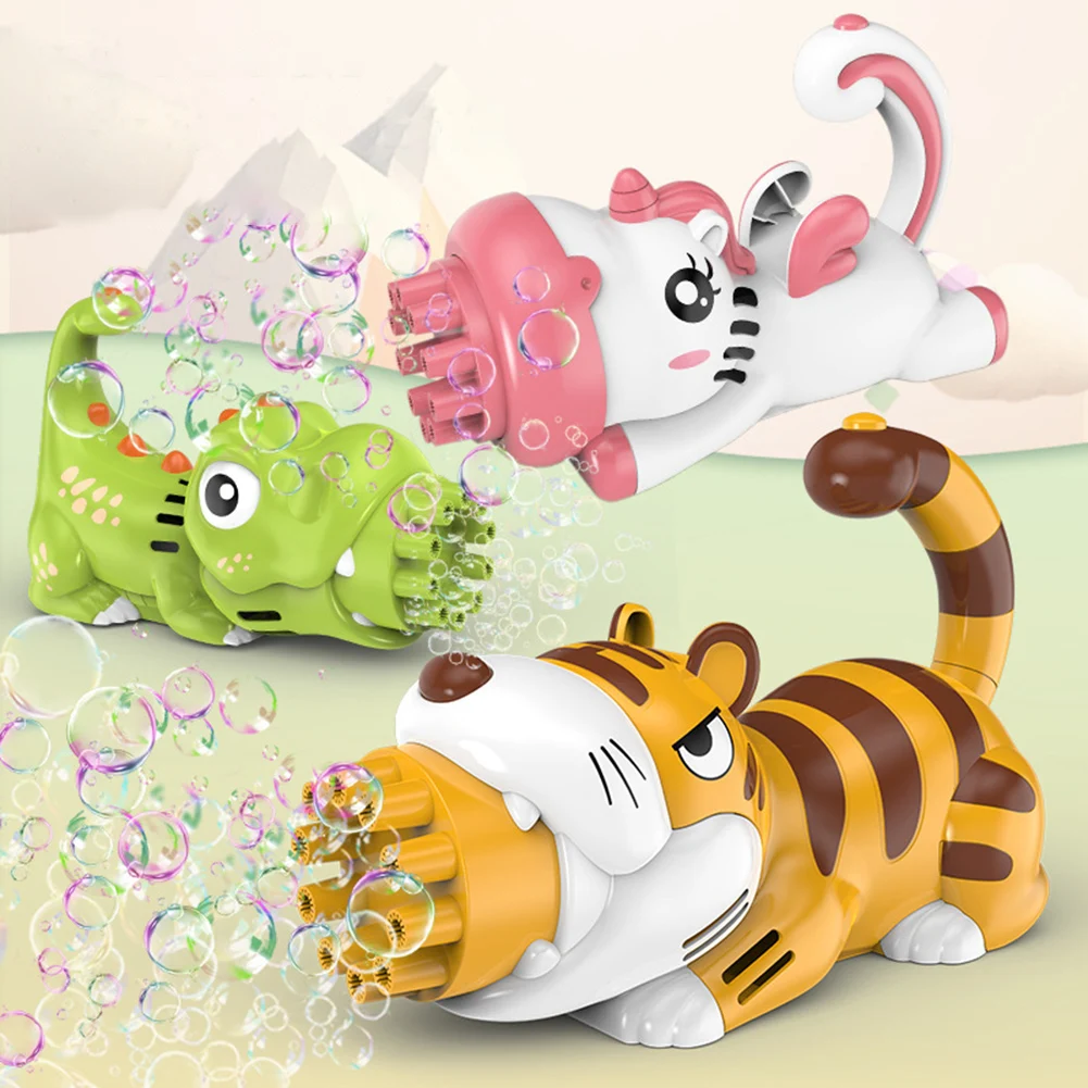 

10 Holes Gatlings Bubble Machine With Fan Cartoon Animal Tiger Automatic Soap Water Bubble Guns Outdoor Toys For Children Gift