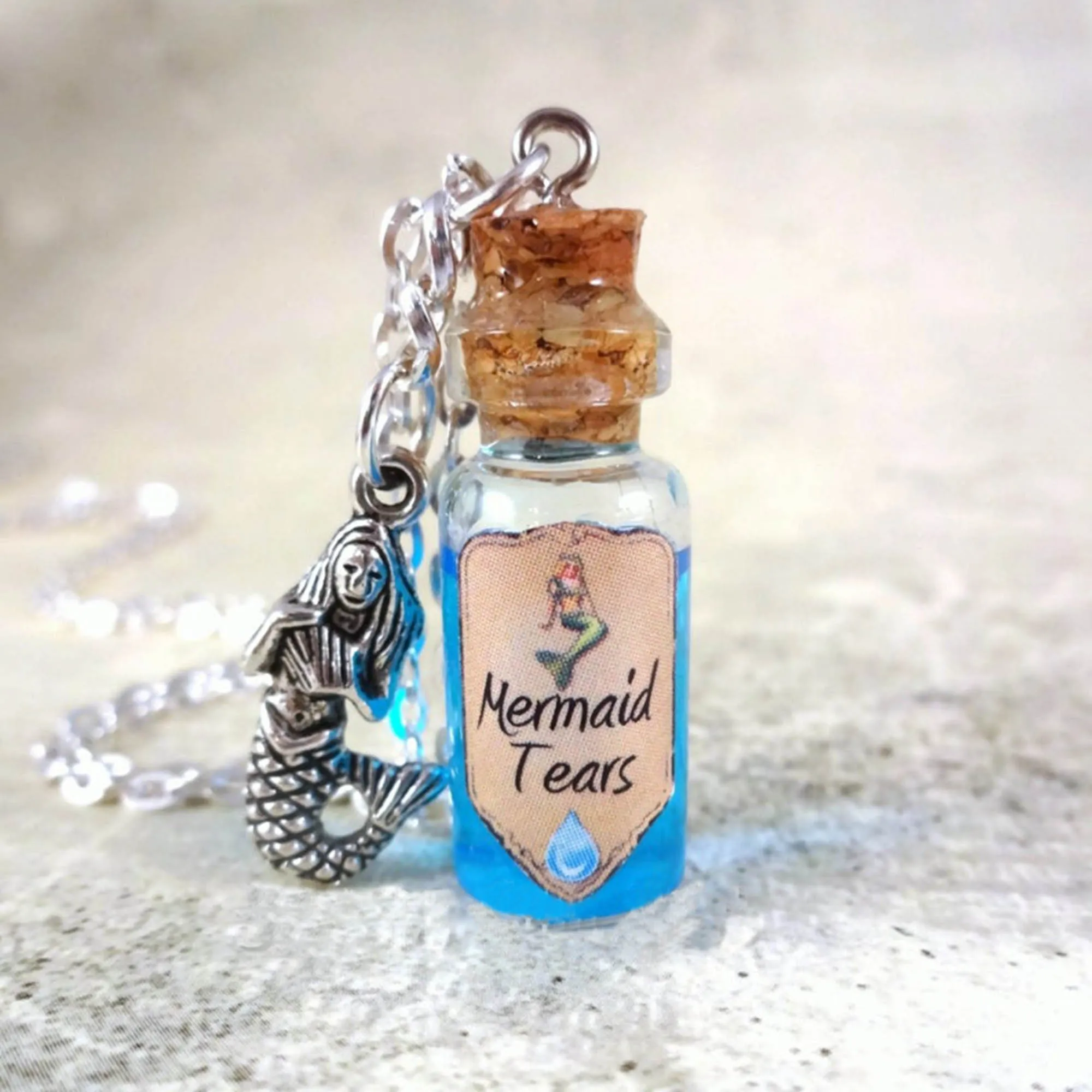 

Mermaid Tears Bottle Necklace Glass Bottle Cork Necklace Potion Vial Charm Blue Liquid Shimmer Magic Spells Once Upon a Time