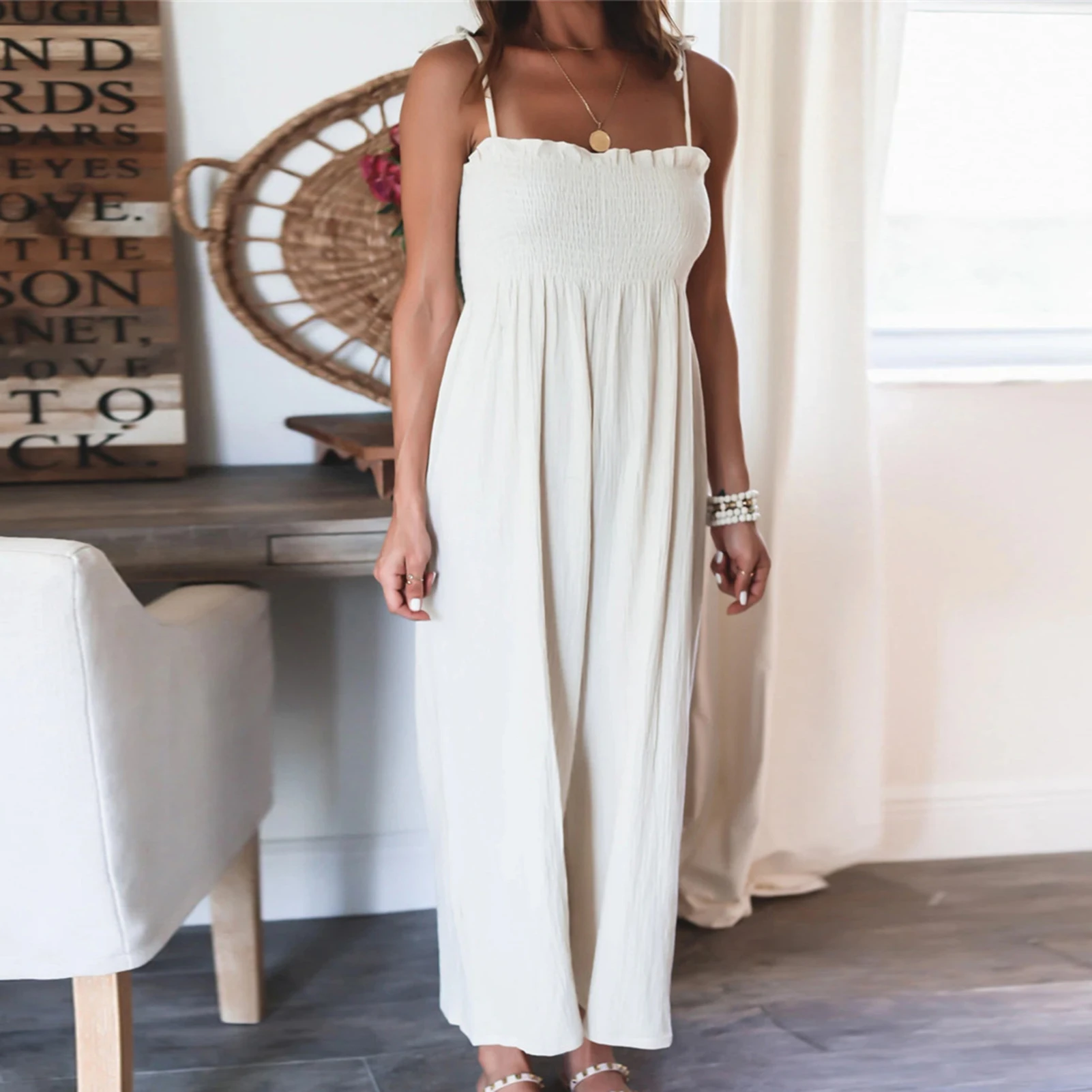

Loose One-piece Trousers Sleeveless One-piece Long Pants Shoulder Lace Up High Waist Shirring Decor Solid Color S-XXL Daily Wear