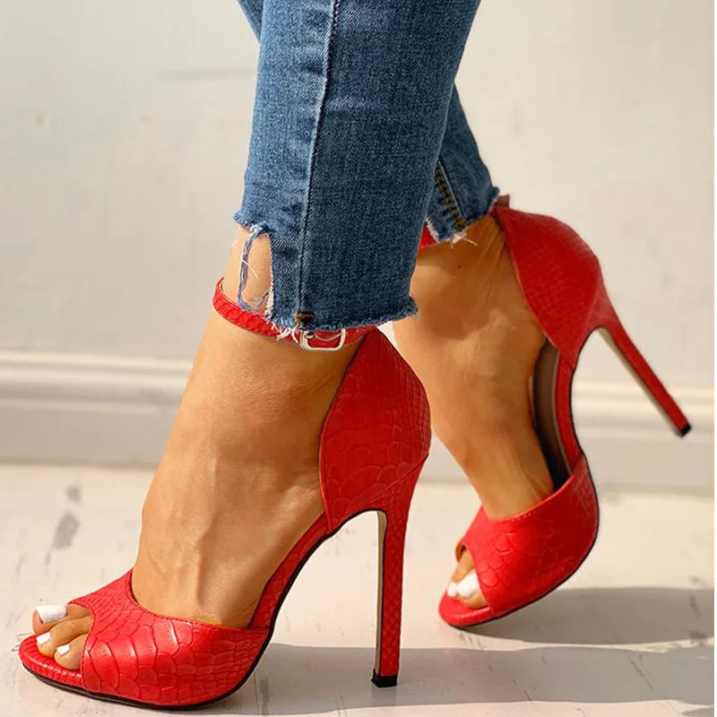 

Sexy Buckle Strap Woman Shoes High Heels Pumps Sandals Fashion Snakeskin Stiletto Super Peep Toe Zapatos Mujer