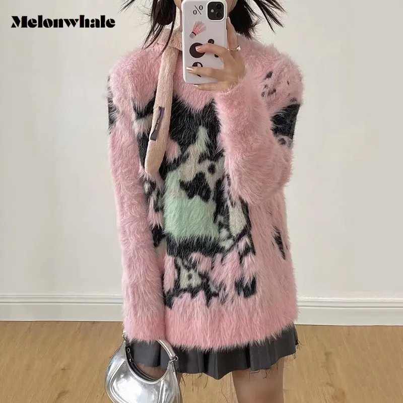 

High Quality Thick Y2k Sweet Girl Pink Mohair Sweater Harajuku Kawaii 2000s Pullover Grunge Jumper E-girl Pink Fuzzy Knitwear