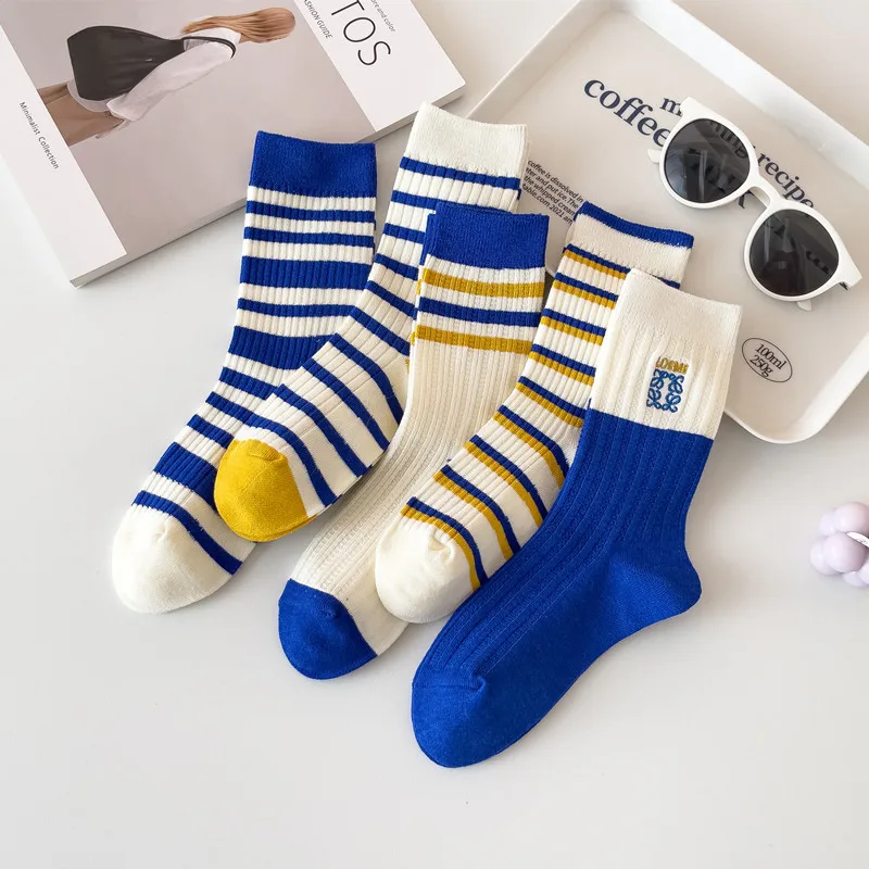 

3Pair Women's Stockings Bamboo Cotton Trend Klein Blue Women Spring and Summer New Ins Checkerboard Socks Japanese Striped Socks