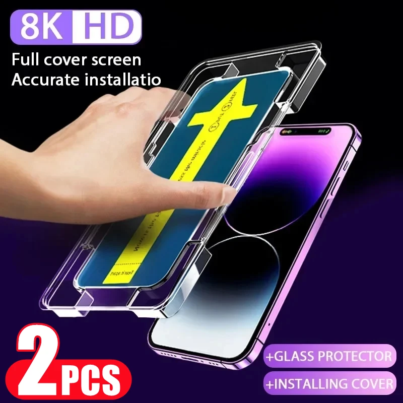 

2PCS 8K High End Tempered Glass For IPhone 14 11 12 13 15 Pro Max 15 Plus Privacy Screen Protector with Alignment Mounting Cover