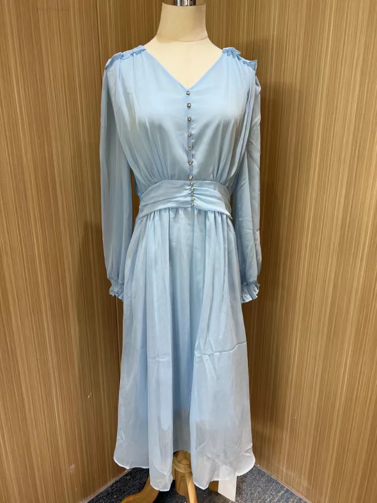 

Blue Summer France Vintage Dress Women V-neck Elegant Evening Party Midi Dress Ladies Long Sleeve Korea Chic One-piece Dress New