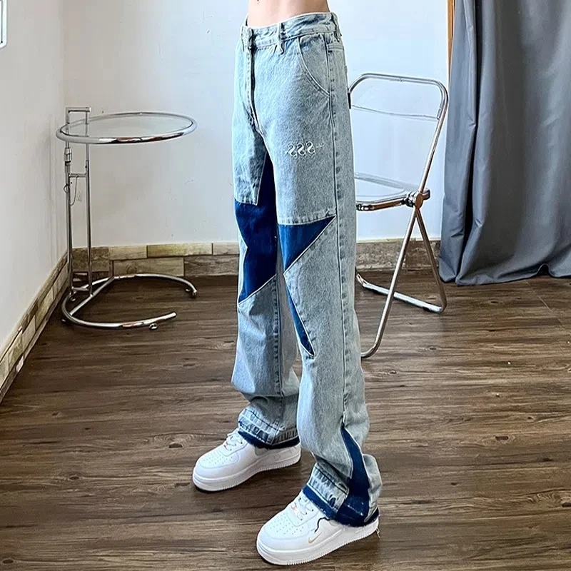 Jeans High Street Washed Old Jeans Men American Fashion Brand Five Points Star Stitching Loose Straight Couple Hip Hop Pants