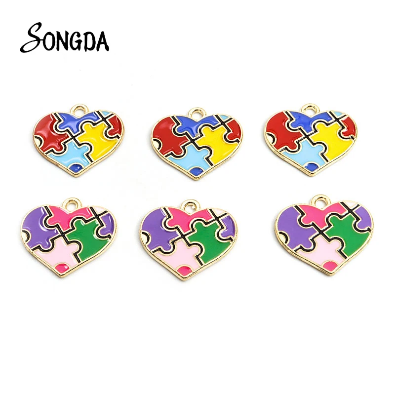 

10Pcs/lot Autism Awareness Puzzle Autistic Heart-shaped Charms for DIY Jewelry Makings Accessories Pendant Necklace Keychains