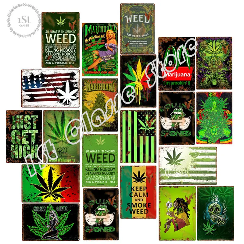 

Keep Calm Smoke Weed Warning Signs Green Background Vintage Metal Tin Sign Plate Print Painting Wall Plaque Decor For Bar Garage