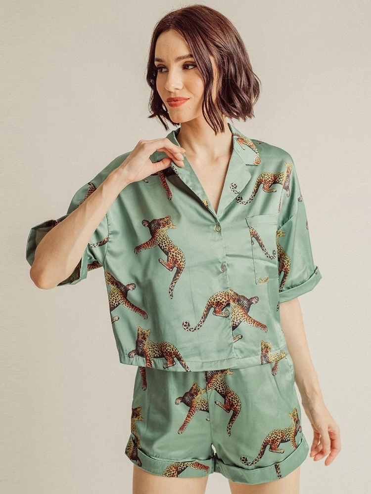 

Hiloc Print Leopard Sleepwear Women's Shorts Sets Pocket Short Sleeves Female Set Loose Pattern Satin Pajama Sets 2022 Summer