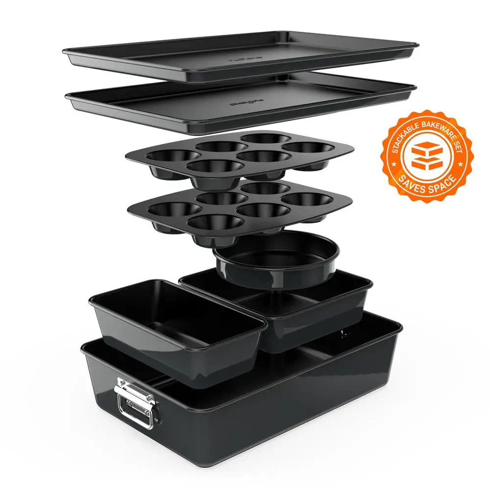 

8-Piece Nonstick Bakeware Set - PFOA PFOS PTFE Free Baking Tray Set w/ Non-Stick Coating, 450°F Oven Safe, Round Cake, Loaf, Mu