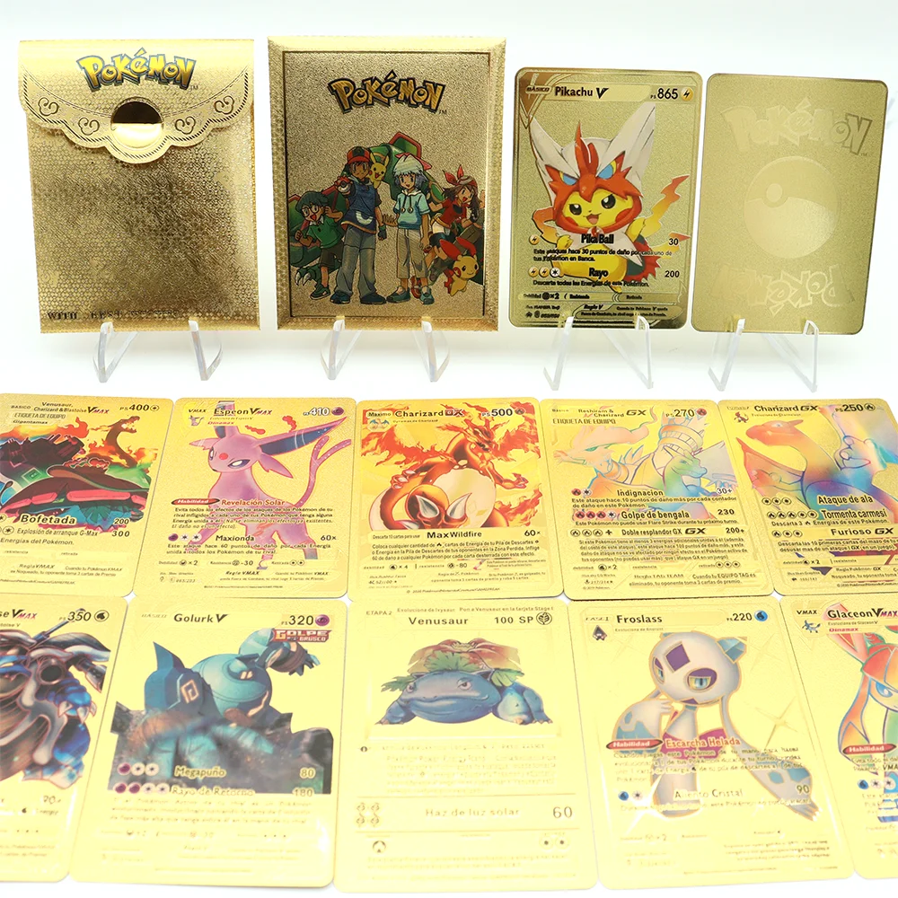 

New 150styles Pokemon Gold Foil Metal Cards English Spanish Vmax Charizard Pikachu Battle Trainer Gold Sliver Cards Collection