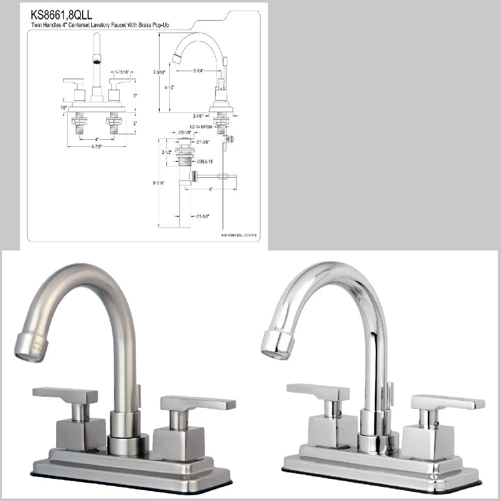 

Elegant Executive Polished Brushed Nickel 4-Inch Centerset Bathroom Faucet with Brass Pop-Up Finish - A Stunning Combo of Style