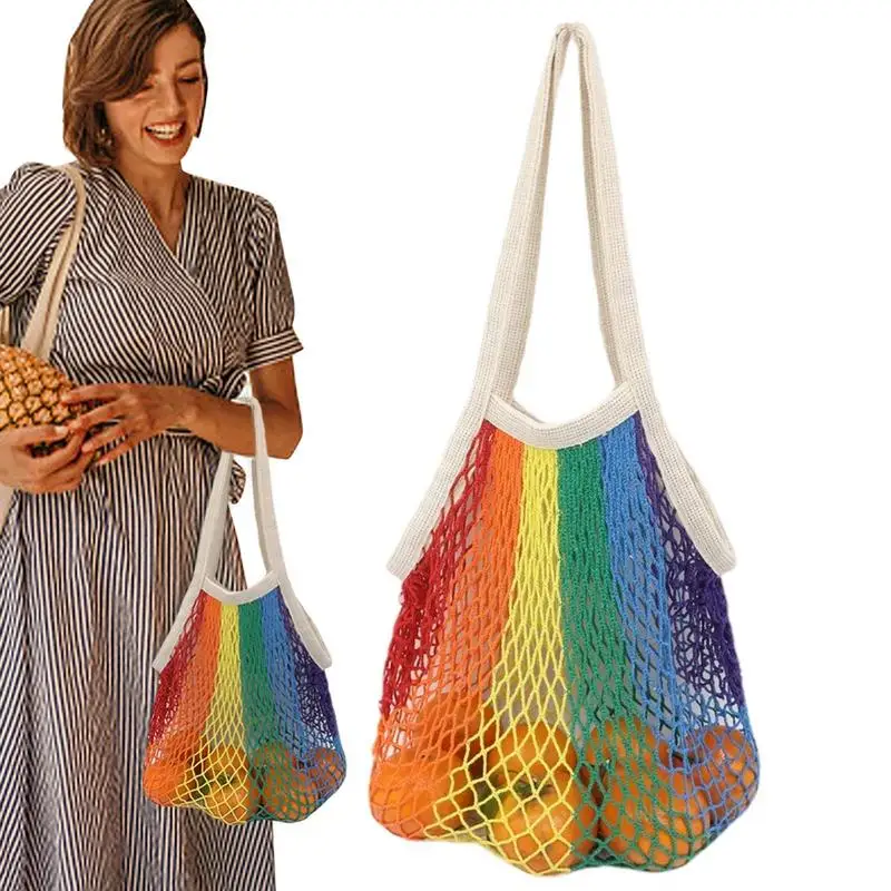 

Cotton Mesh Bag For Fruit Vegetable Colorful Cotton Reusable Grocery Shopping Portable Net & Long Handle Tote Bag Use For Storag