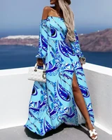 chaxiaoa 1 piece summer 2022 women new beach vacation abstract print off shoulder corset slit casual maxi dress