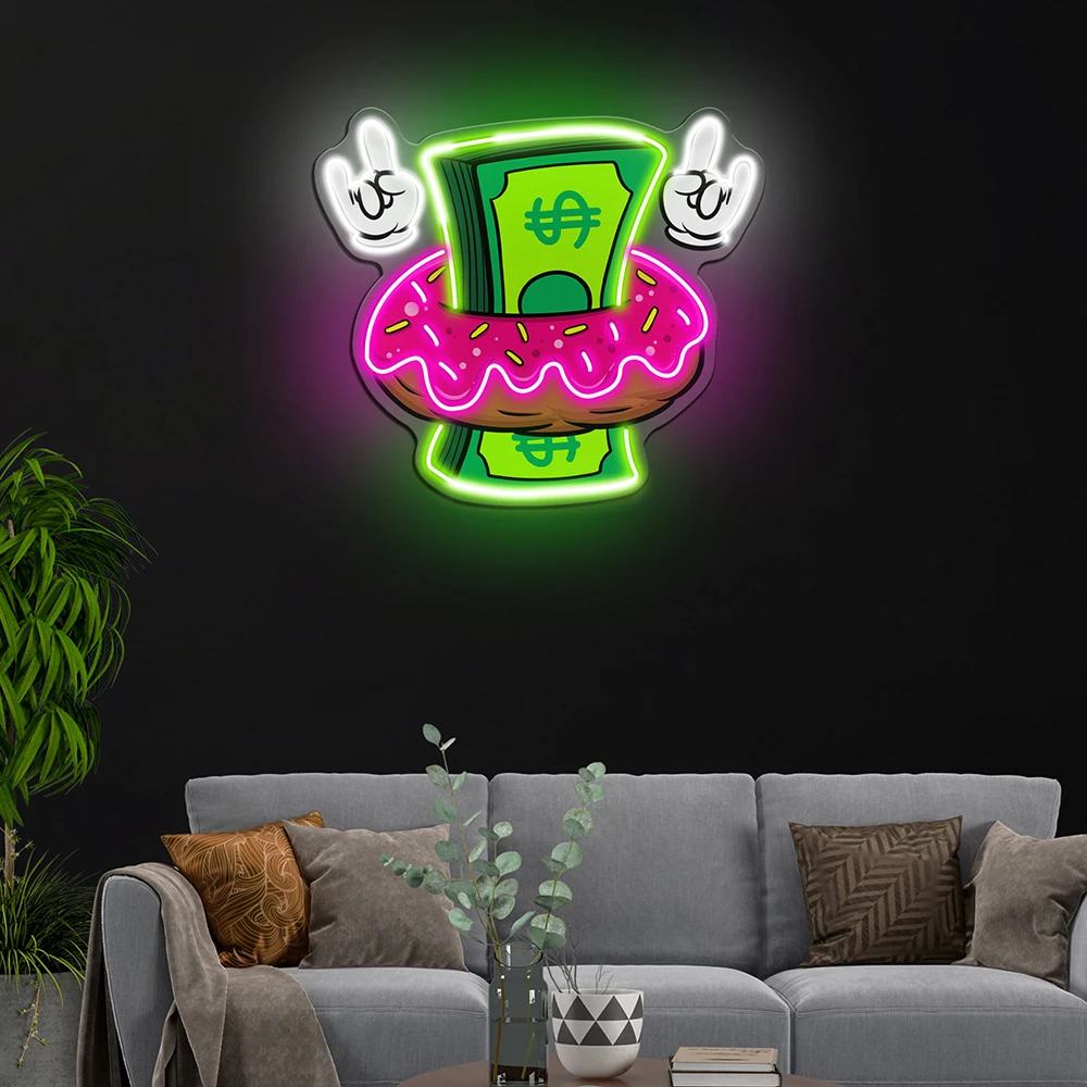 Неоновый знак в виде пончика с долларом акриловая фотография ресторан сладкие