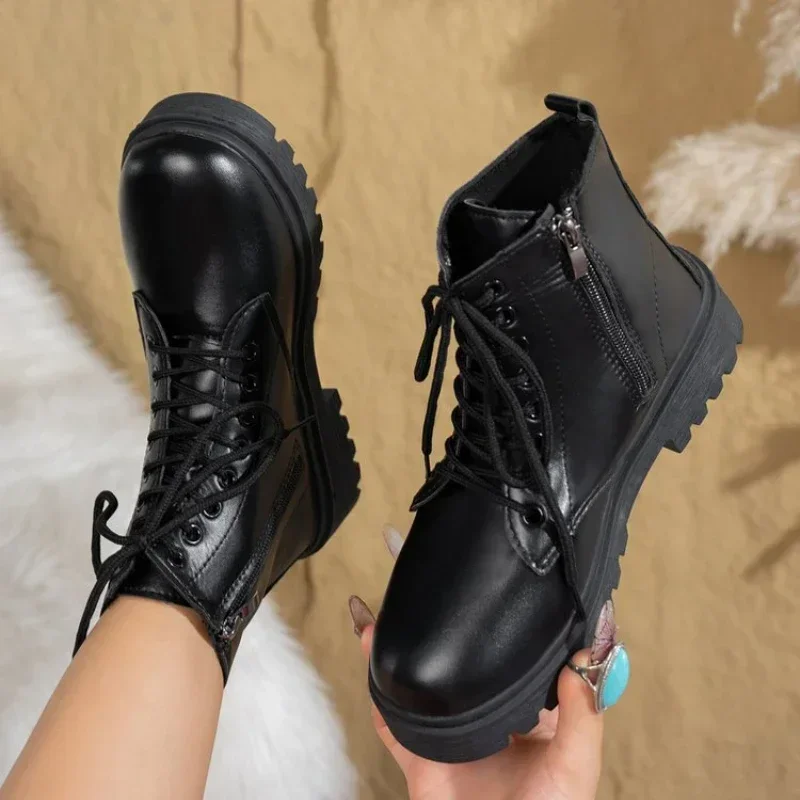 Новые туфли на платформе женские ботинки с круглым носком молнии весенне-осенние