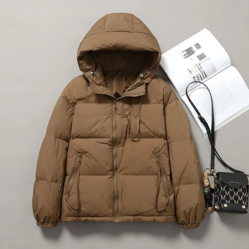 2023 New Winter Hooded Thickening Jacket Women Buttons Pockets White Duck Down Short Warm Coat Outwear Femme Tops Down M57