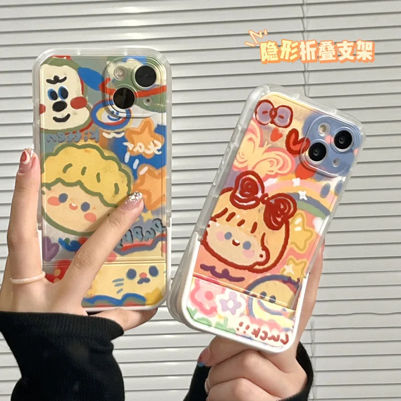 

Cute Graffiti Boys and Girls Folding Bracket Case For iPhone 12 13 11 Pro Max X Xs Xr 7 8 Plus SE3 Couple Anti-fall Soft Cover