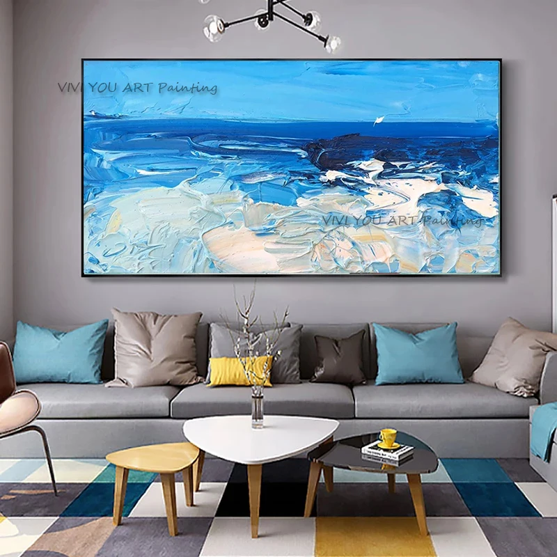 

Ручная роспись морским масляным рисунком на холсте синяя большая палитра картины для гостиной белая современная абстрактная Настенная картина