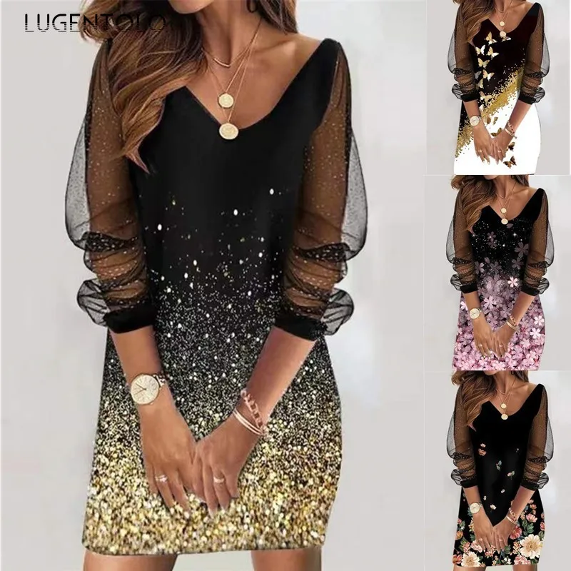 

Women Sexy Dress Mesh V-neck Print Long Sleeve Slim Dresses Ladies Large Size Elegant Thin Summer Gauze Mini Dress