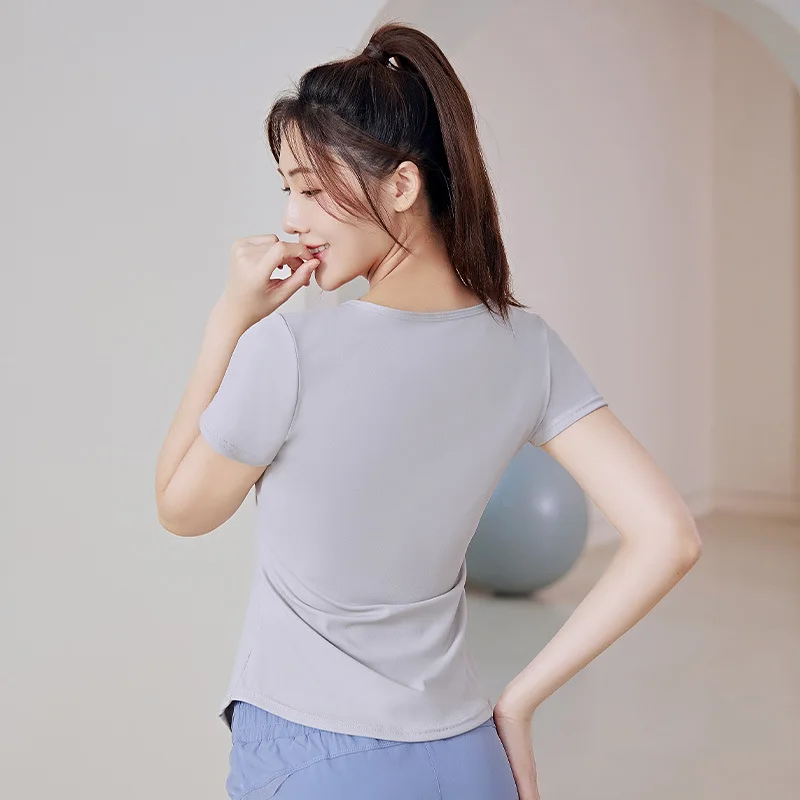 Yoga Sports T-shirt Summer V-neck Women's Quick Dry Solid Color Waist Loose Running Fitness Slimming Yoga Suit Short Sleeve Spor