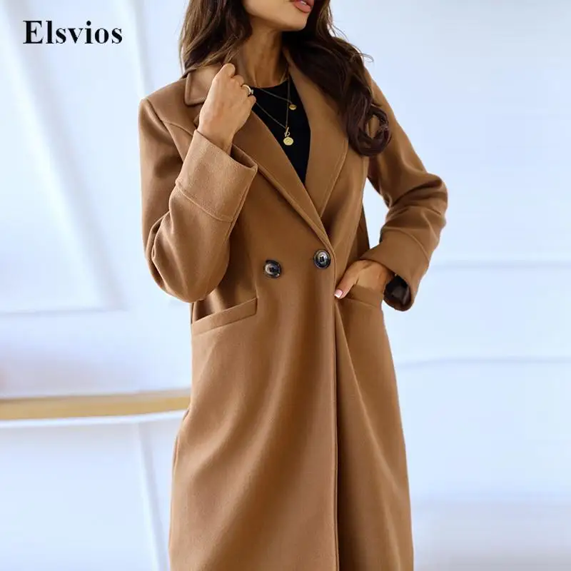 

Casual Winter Button Pocket Long Sleeve Outwear Elegant Turn-down Collar Straight Overcoat Women Fashion Simple Basic Wool Coats