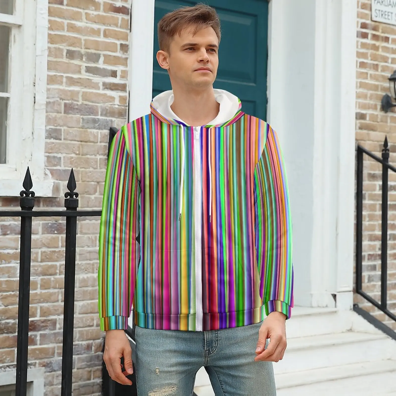 

Multi-color Stripes Hoodies Colorful Lines Print Winter Polyester Hoodie Full Print Zip Up Hoodie Mens Plus Size XXXL