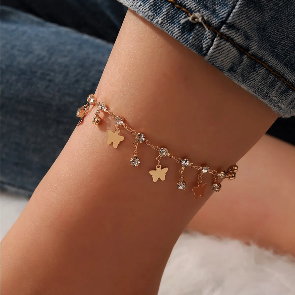 

Bohemian Rhinestone Tassel Butterfly Pearl Pendant Anklet For Women Summer Beach Anklets Bracelet On The Leg Chain Foot Jewelry