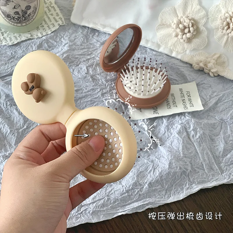 

Cute Folding Mirror Comb Portable Mini Air Cushion Massage Comb Folding Airbag Bear Massage Comb