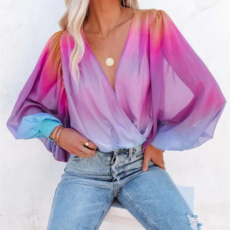 

Gradient Chiffon Blouse Women 2022 Spring Summer Sexy Deep V-Neck Batwing Sleeve Baggy Shirt Woman Fashion Sheer Long Sleeve Top