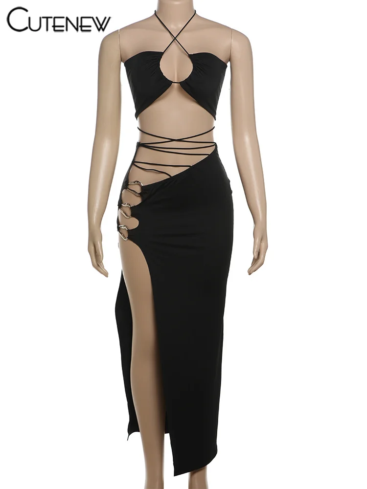 Комплект Cutenew женский из 2 предметов бандажный пикантный топ с лямкой на шее и