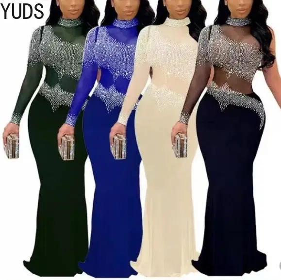 

YUDX 2023 Gorgeous Rinestone Diamonds Mesh One Shoulder Maxi Evening Party Dress Women Mock Neck Long Sleeve Backless Clubwear