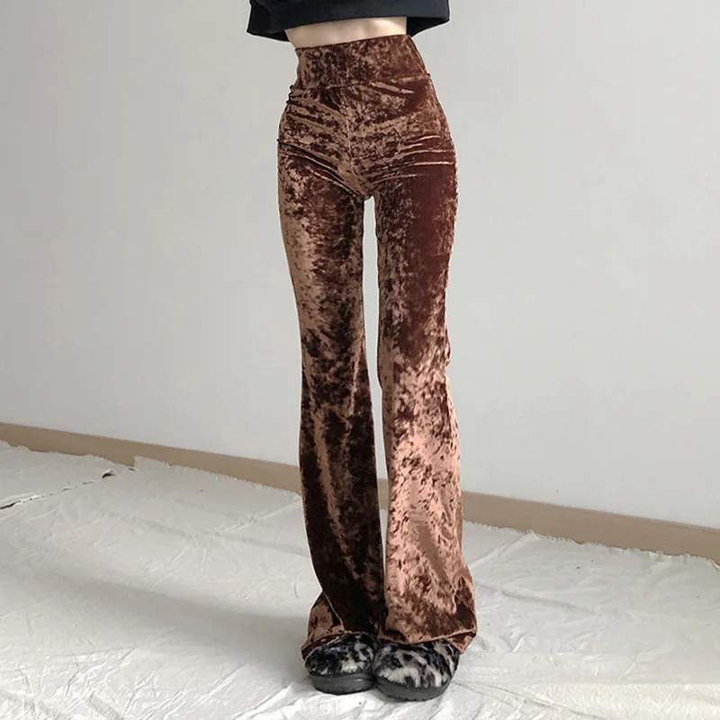 

Women Fashion Suede Trousers Solid Color Micro-Flare Long Pants Autumn Winter Temperament High-Waist Slim-Fit Slacks,Black/Brown