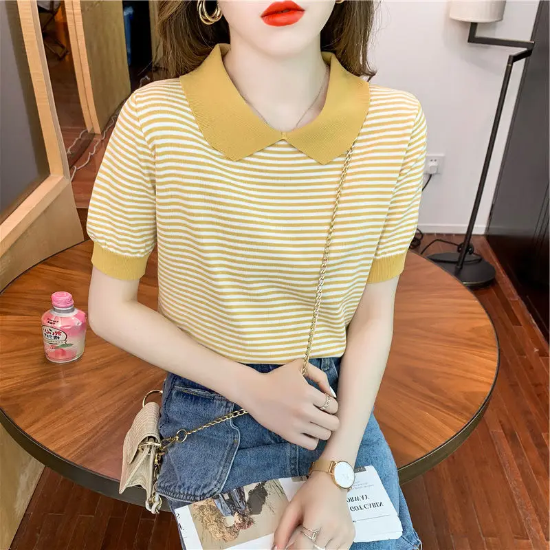 

Woman Fashion Stripe Print Warm Tops Female Elegant Short Sleeve Slim Knitted Shirt Ladies Peter Pan Collar Pullover Top A65